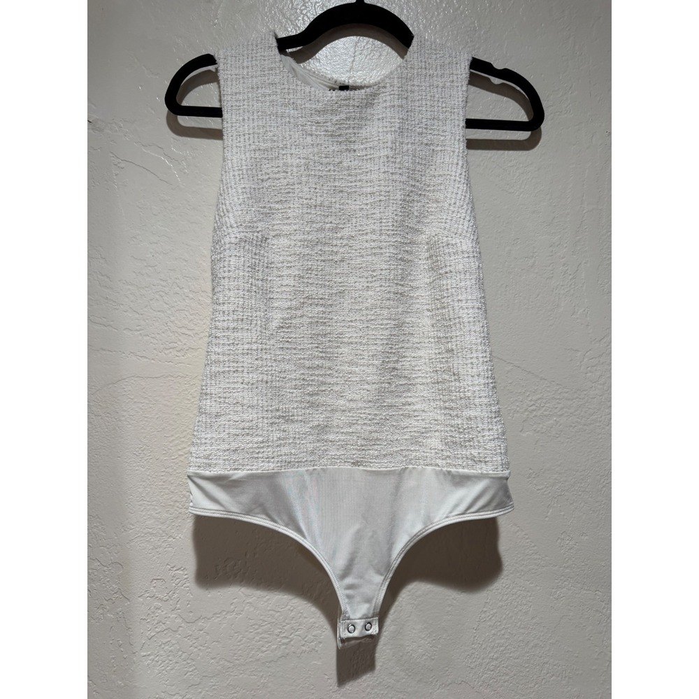 Express Body Contour Ivory Boucle Textured Sleeveless Bodysuit Metallic Medium